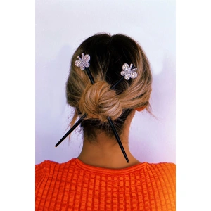 Siyah Renk Taşlı Kelebek Figürlü İkili Topuz Tokası