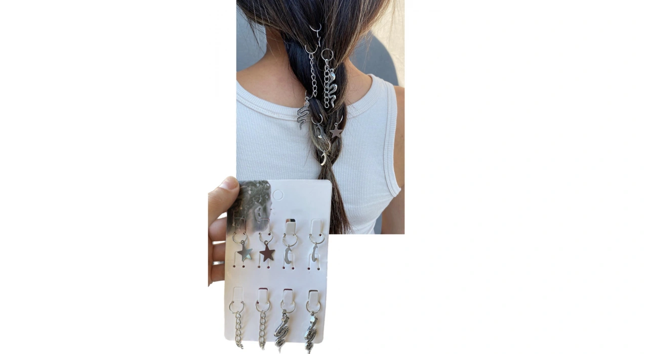 Gümüş Renk 8li Renkli Yılan Ve Ay,Yıldız Figürlü Saç Küpesi