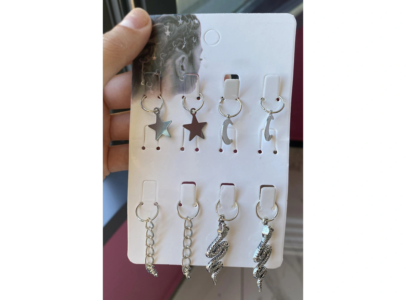 Gümüş Renk 8li Renkli Yılan Ve Ay,Yıldız Figürlü Saç Küpesi