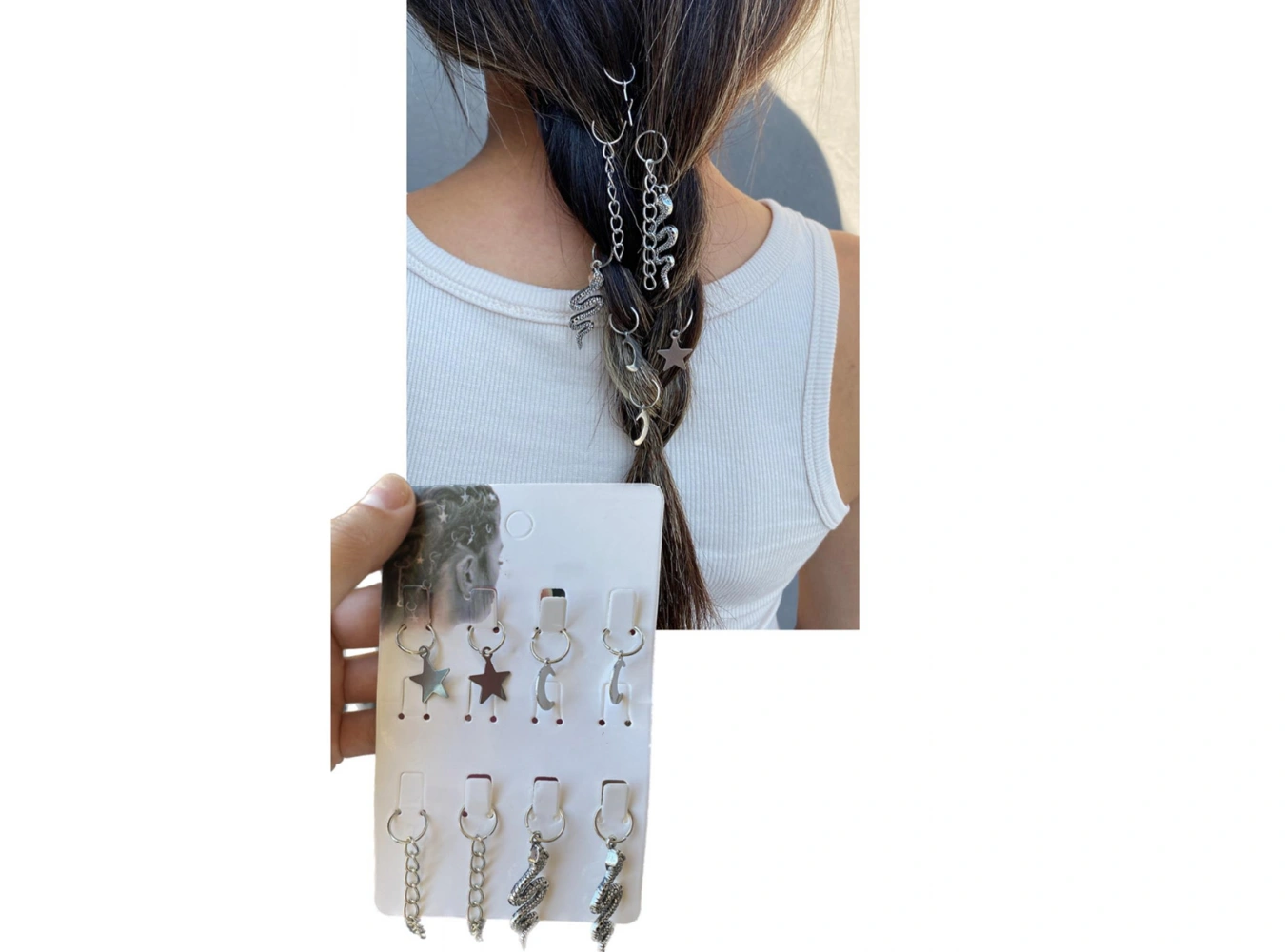 Gümüş Renk 8li Renkli Yılan Ve Ay,Yıldız Figürlü Saç Küpesi