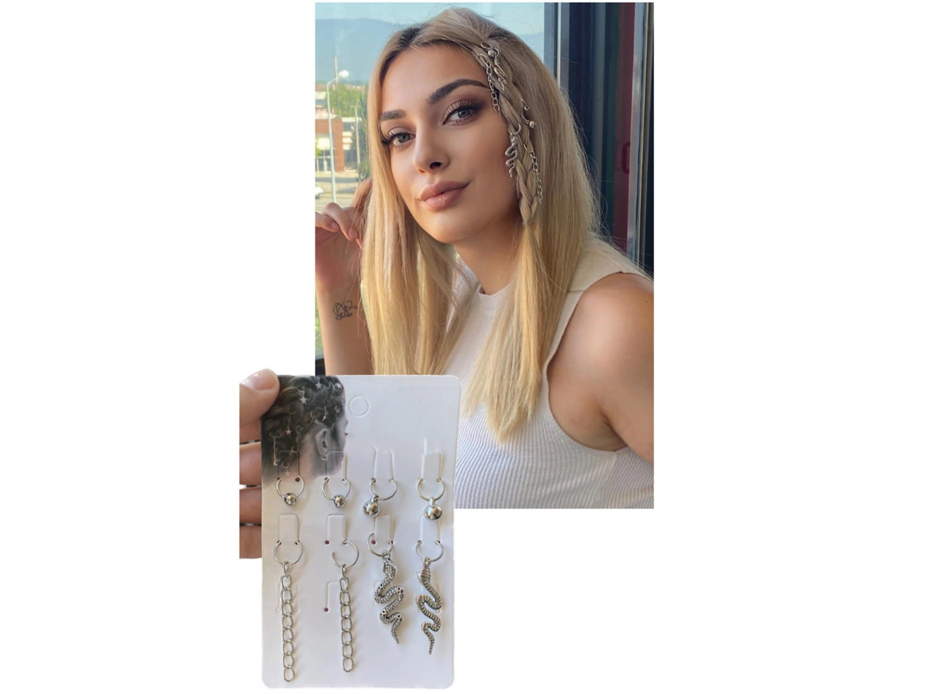 Gümüş Renk 8li Renkli Yılan Ve Karışık Figürlü Saç Küpesi