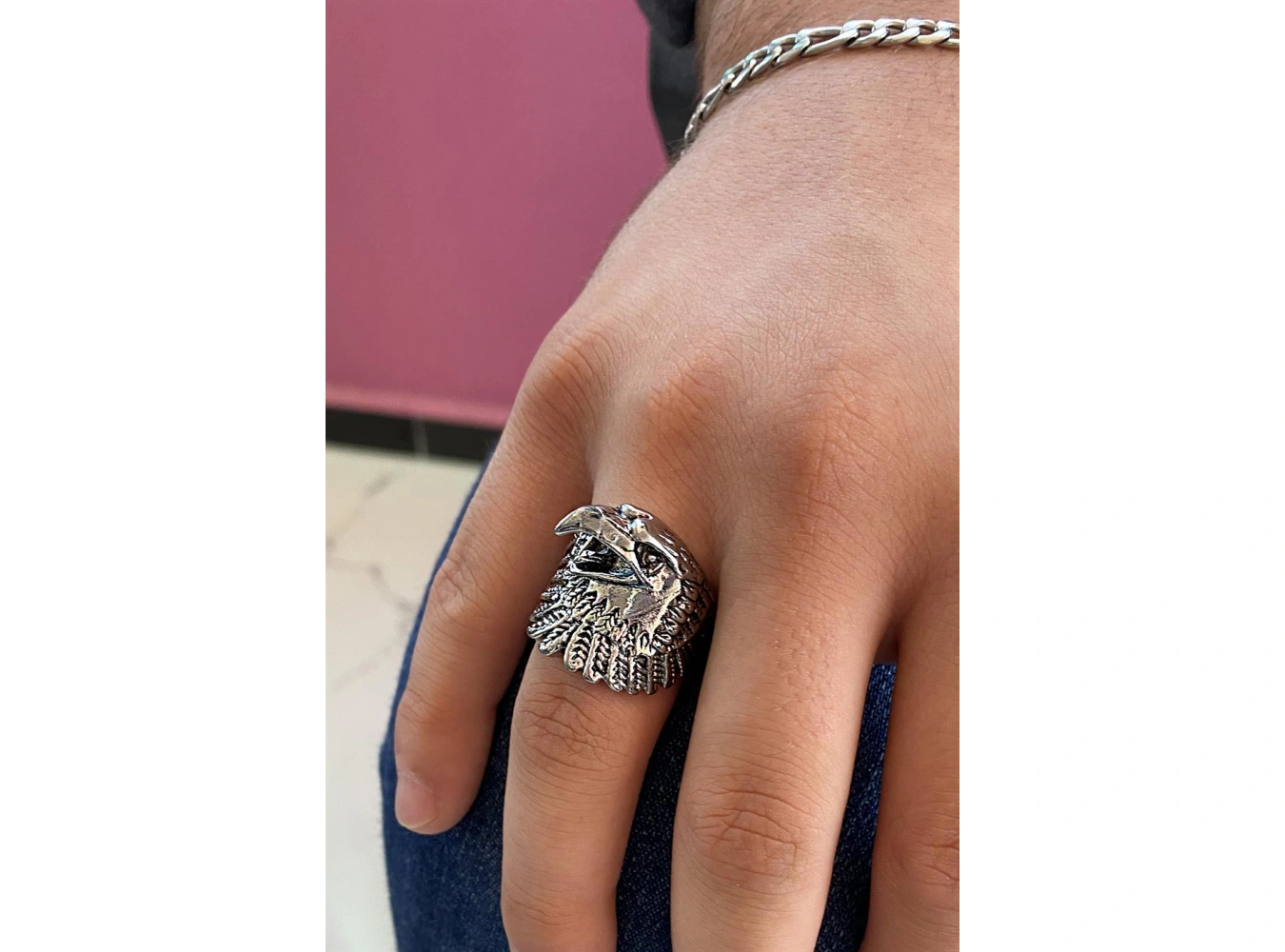Gümüş Renk Kartal Figürlü Ayarlanabilir Erkek Yüzük