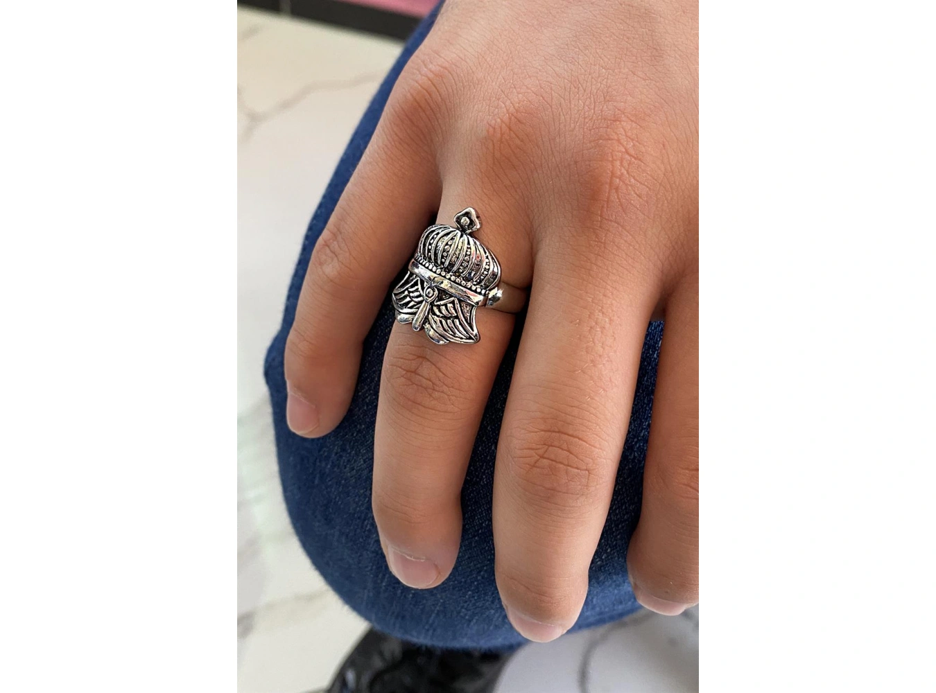 Gümüş Renk Kral Tacı Figürlü Ayarlanabilir Erkek Yüzük