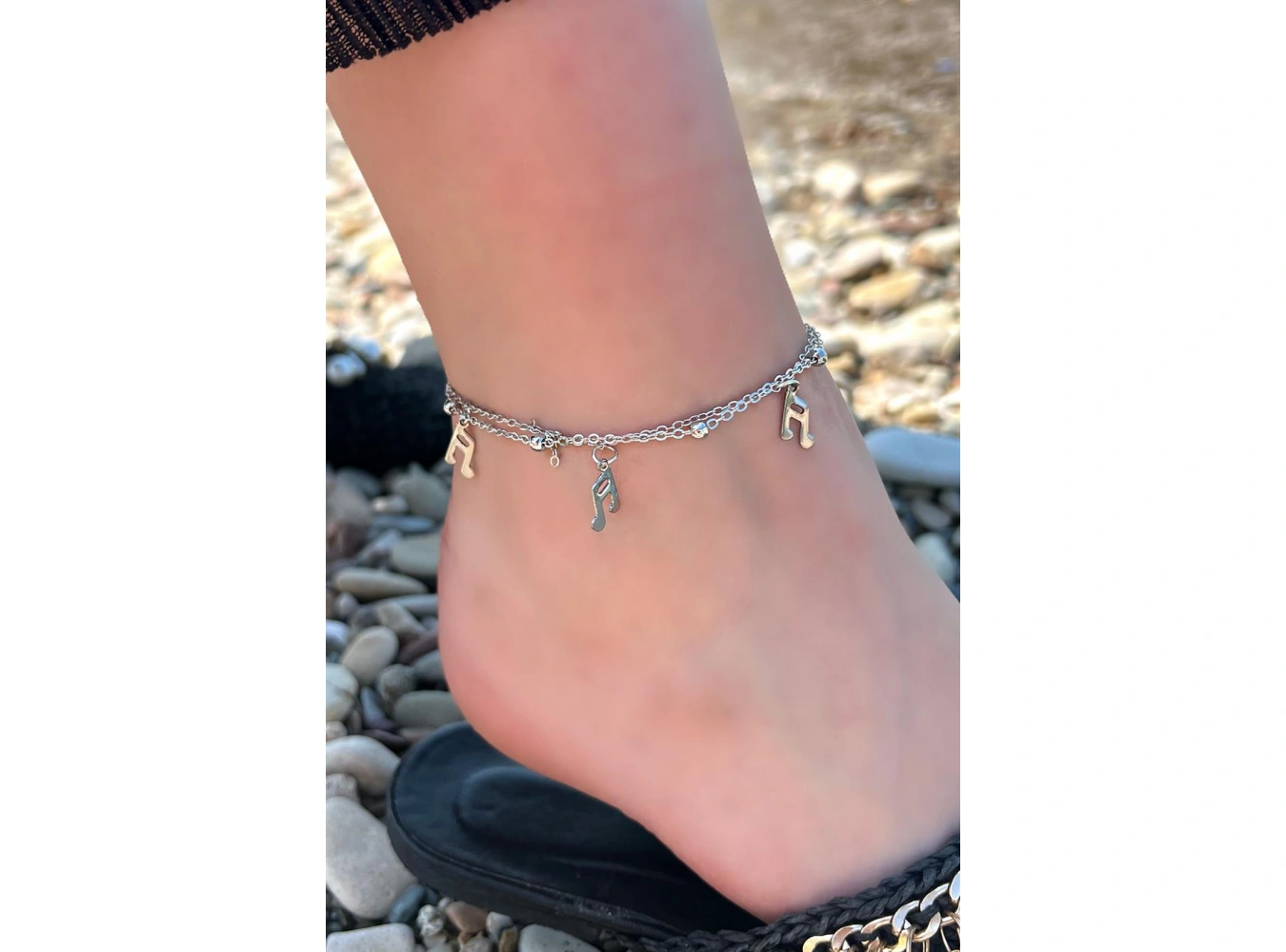 Gümüş Renk Nota Figürlü İkili Zincirli Halhal