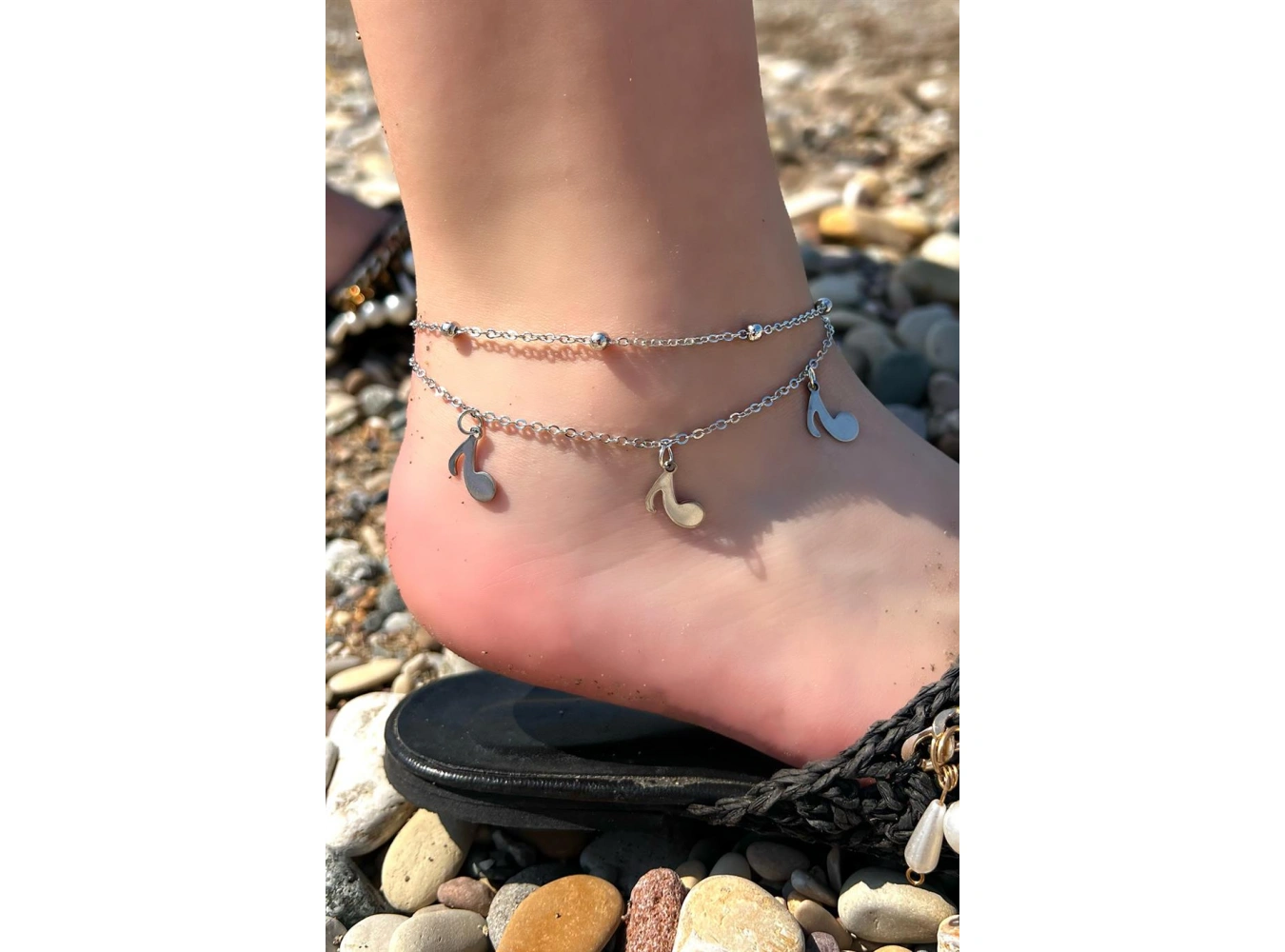 Gümüş Renk Nota Figürlü İkili Zincirli Halhal