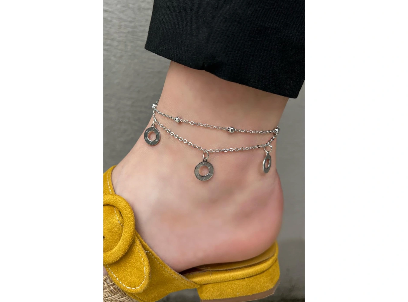 Gümüş Renk Yuvarlak Detaylı İkili Zincirli Halhal