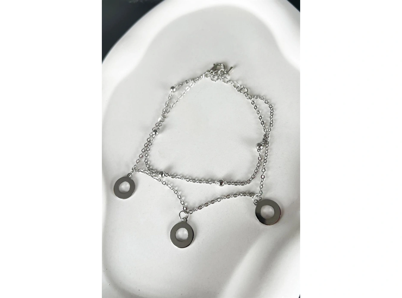 Gümüş Renk Yuvarlak Detaylı İkili Zincirli Halhal