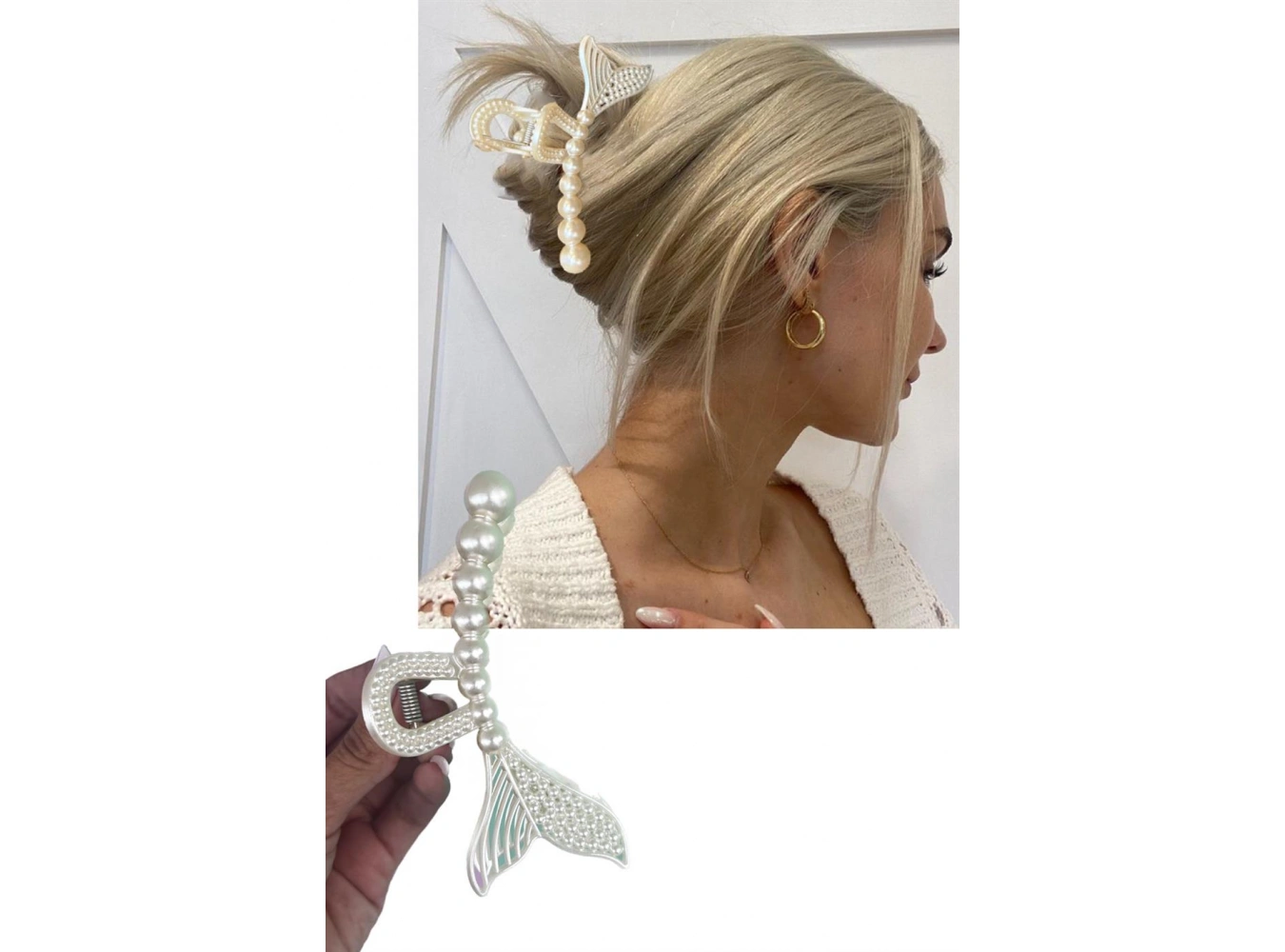 Krem Renk İncili Büyük Boy Balık Figürlü Mandal Toka