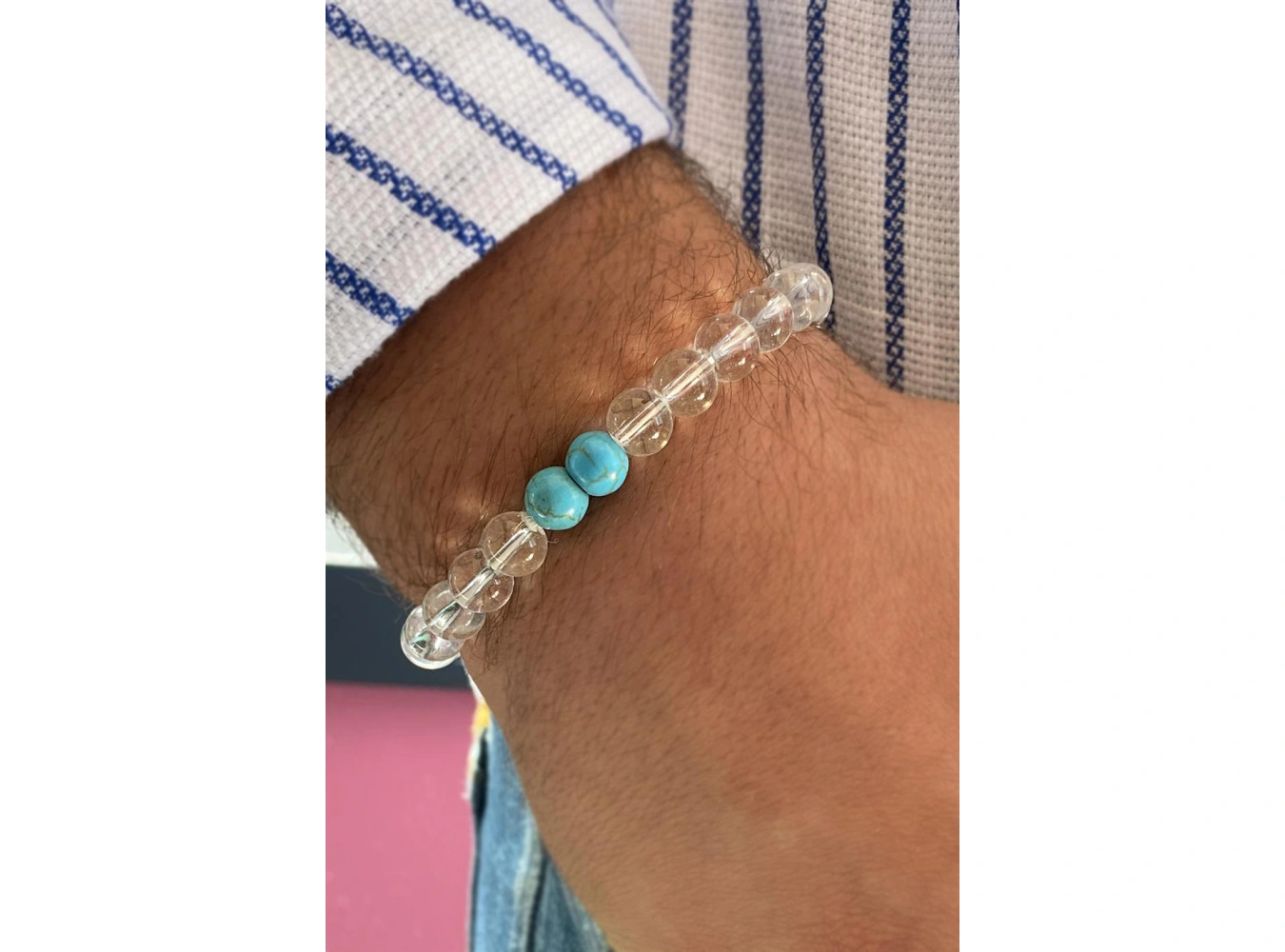 Şeffaf Renk Mavi Boncuk detaylı Erkek Bileklik