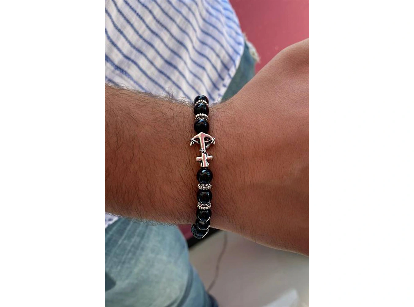 Siyah Renk Boncuk Detaylı Çapa Figürlü Erkek Bileklik