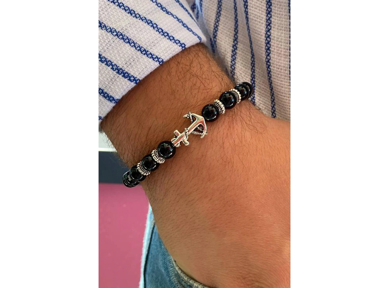 Siyah Renk Boncuk Detaylı Çapa Figürlü Erkek Bileklik
