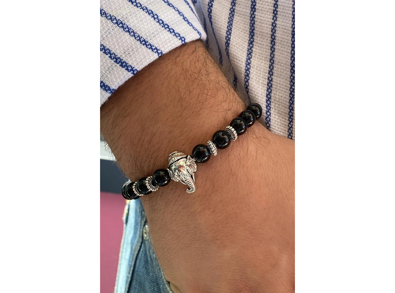 Siyah Renk Boncuk Detaylı Fil Figürlü Erkek Bileklik