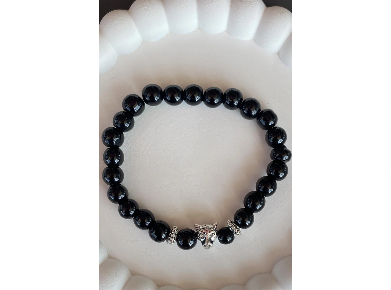 Siyah Renk Boncuk Detaylı Kaplan Figürlü Erkek Bileklik