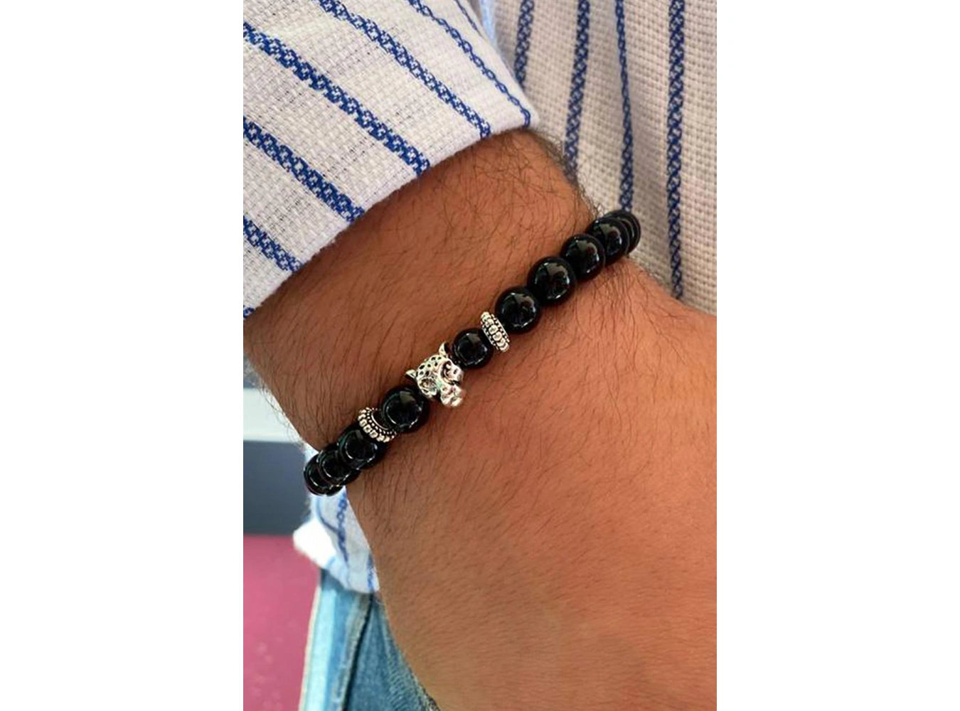 Siyah Renk Boncuk Detaylı Kaplan Figürlü Erkek Bileklik