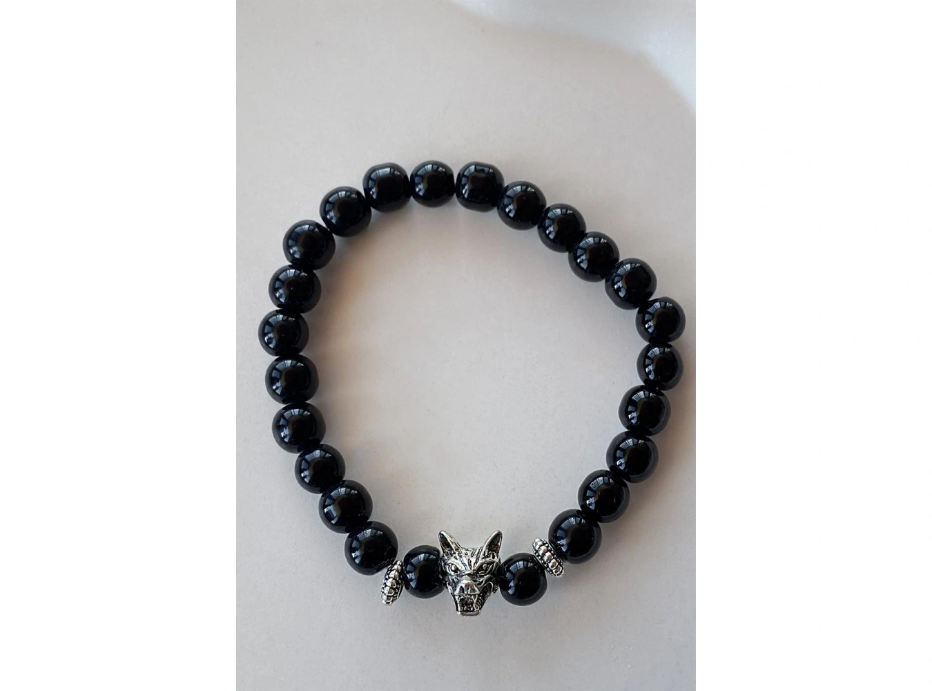 Siyah Renk Boncuk Detaylı Kurt Figürlü Erkek Bileklik