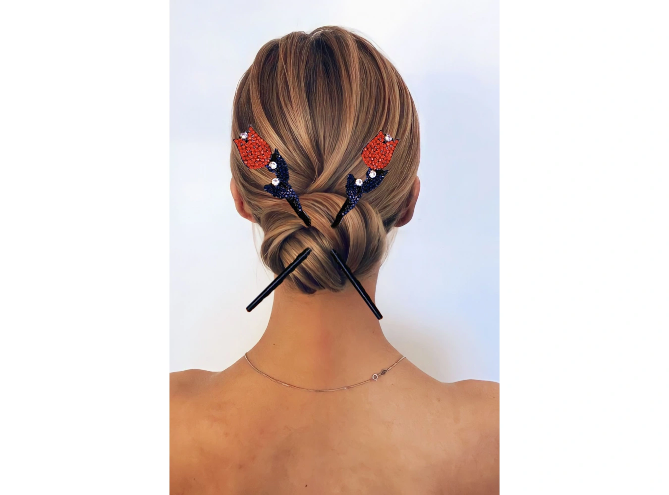 Siyah Renk Gül Figürlü Taşlı İkili Topuz Tokası