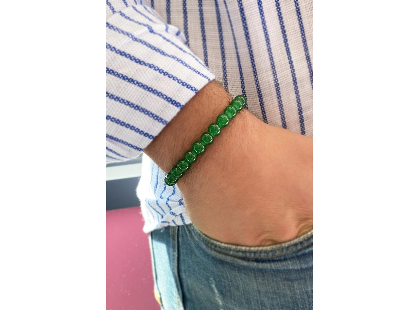 Yeşil Renk Boncuk detaylı Erkek Bileklik