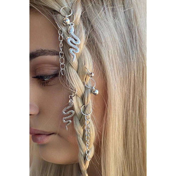 Gümüş Renk 8li Renkli Yılan Ve Karışık Figürlü Saç Küpesi