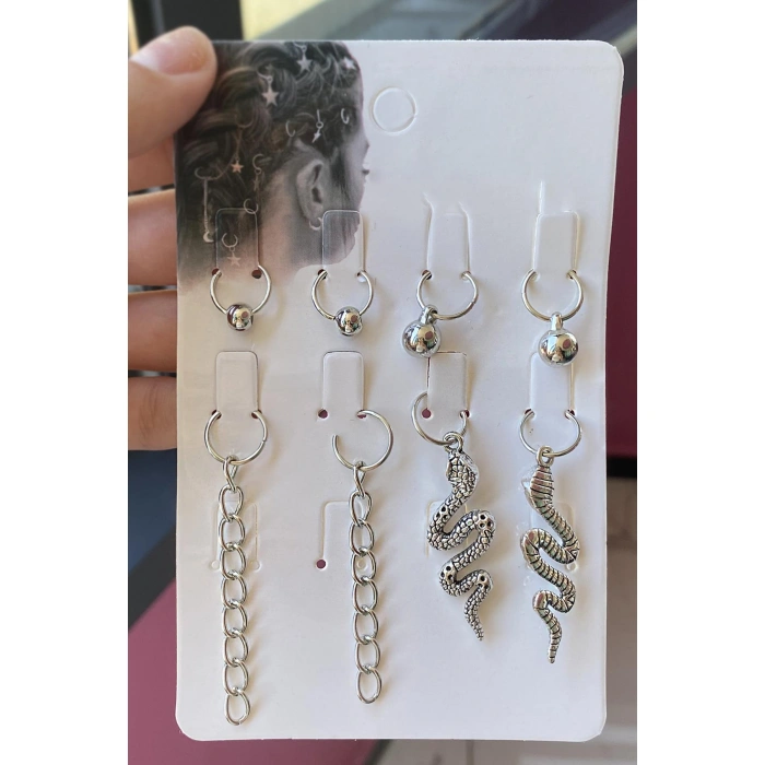 Gümüş Renk 8li Renkli Yılan Ve Karışık Figürlü Saç Küpesi