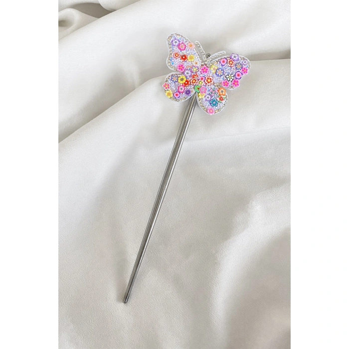 Gümüş Renk Kelebek Figürlü Topuz Tokası