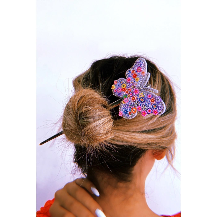 Gümüş Renk Kelebek Figürlü Topuz Tokası