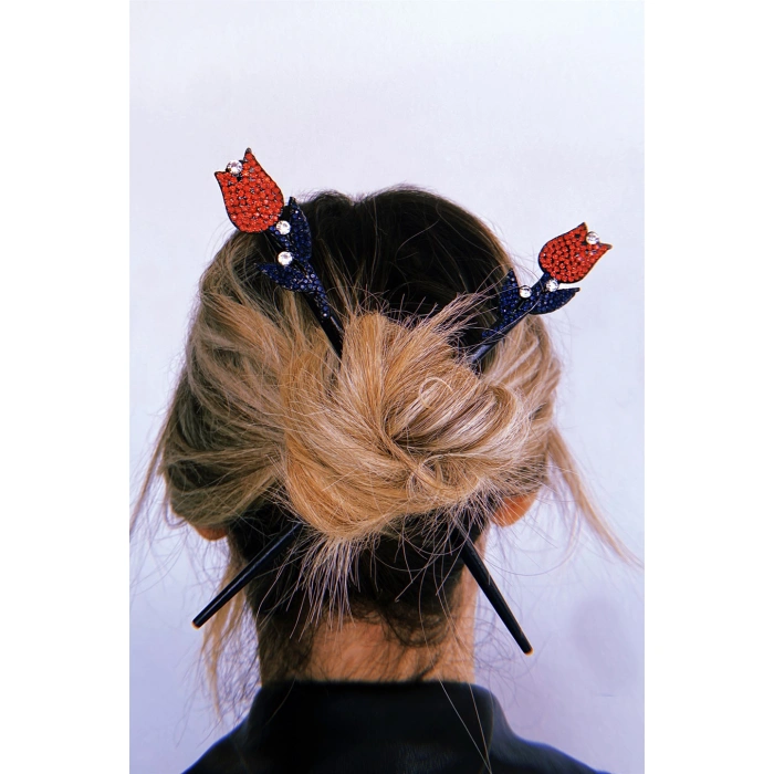 Siyah Renk Gül Figürlü Taşlı İkili Topuz Tokası