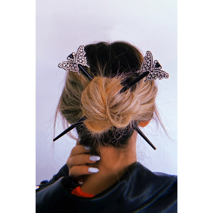 Siyah Renk Kelebek Figürlü İkili Topuz Tokası