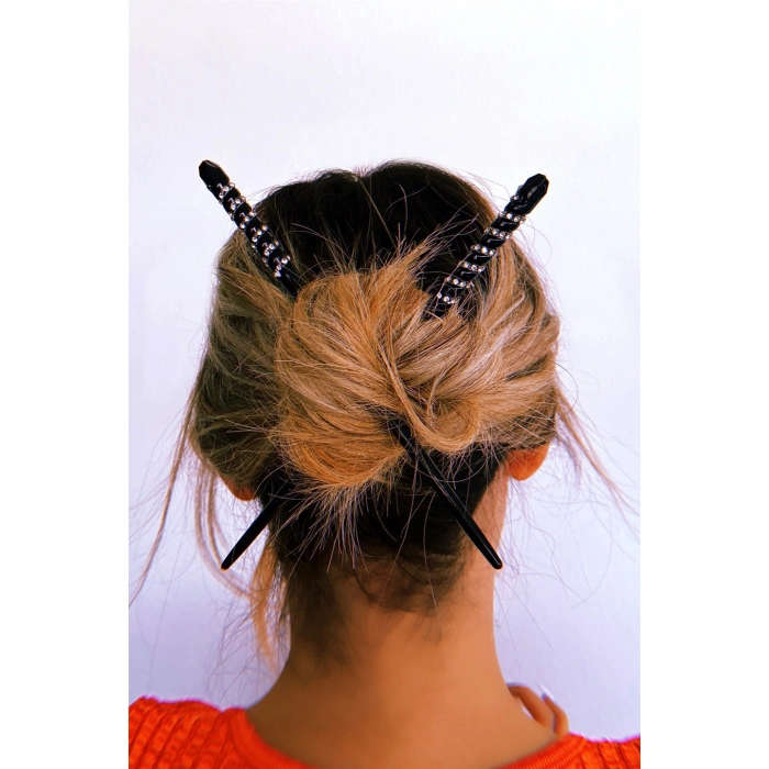 Siyah Renk Taşlı İkili Topuz Tokası