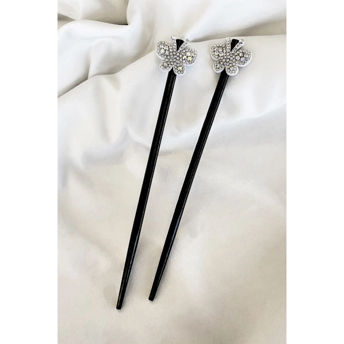 Siyah Renk Taşlı Kelebek Figürlü İkili Topuz Tokası