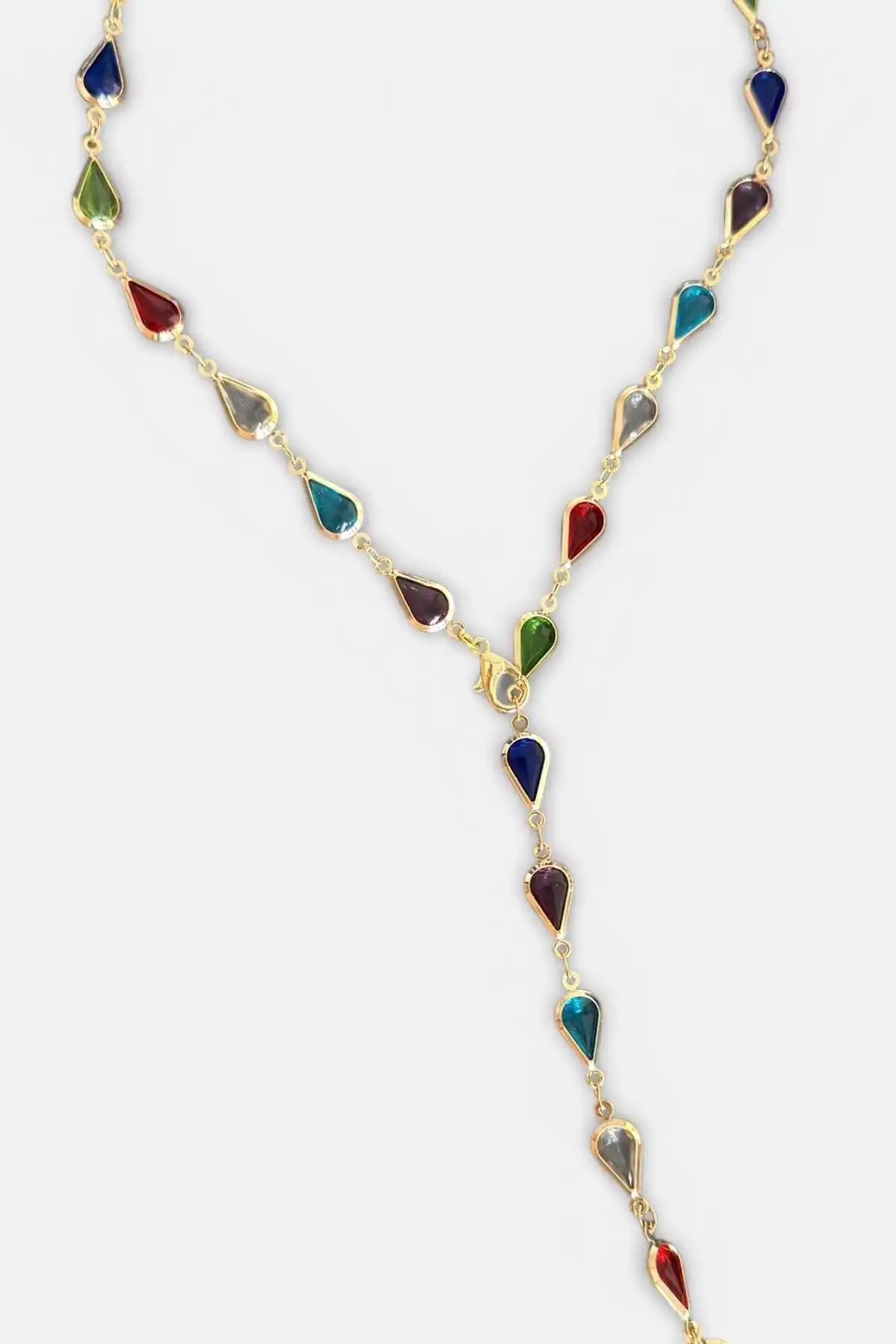 Altın Renk Damla Detaylı Taşlı Çelik Y Kolye