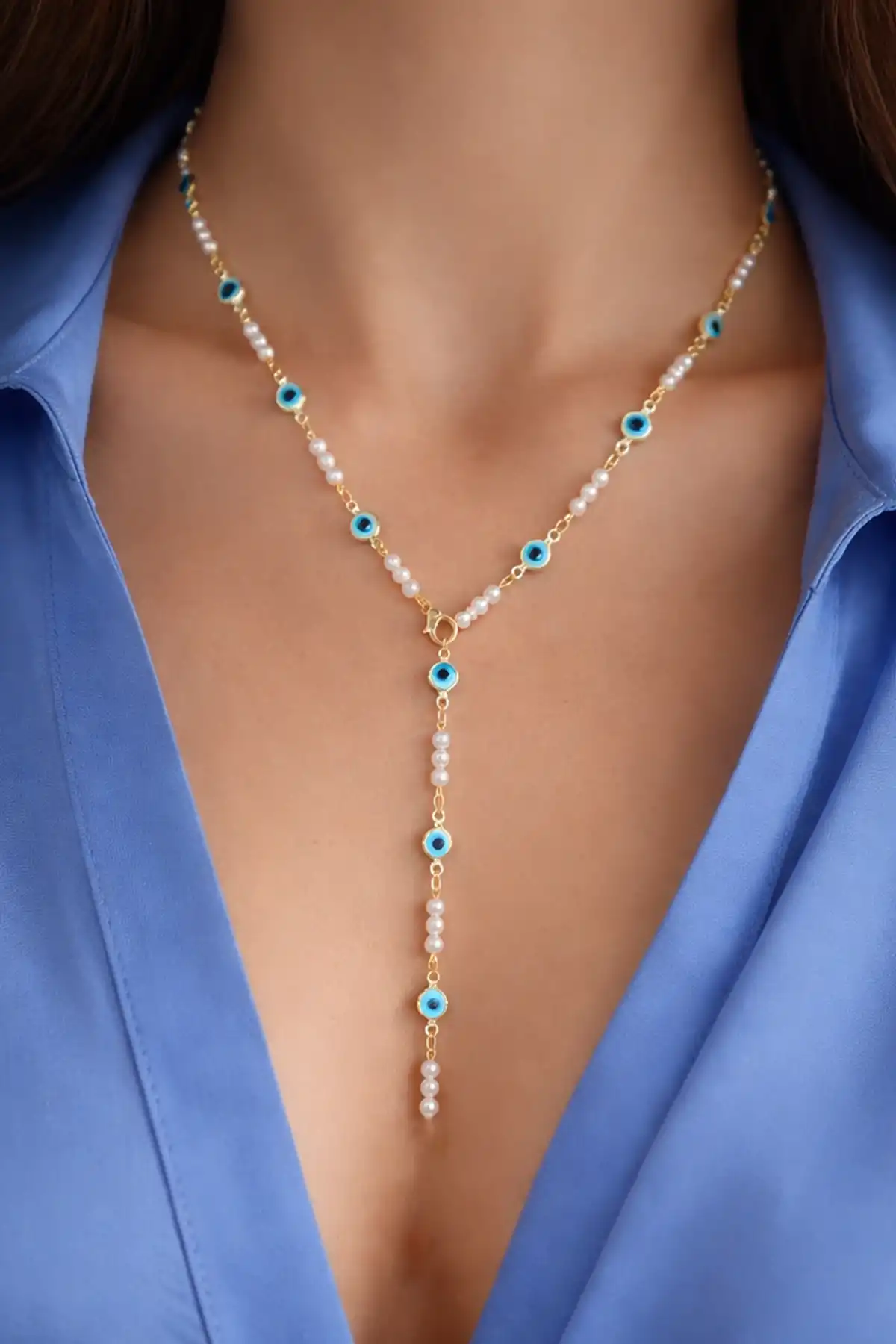 Altın Renk İnci Detaylı Göz Figürlü Çelik Y Kolye