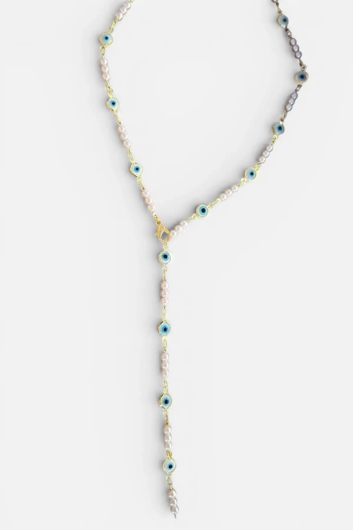 Altın Renk İnci Detaylı Göz Figürlü Çelik Y Kolye