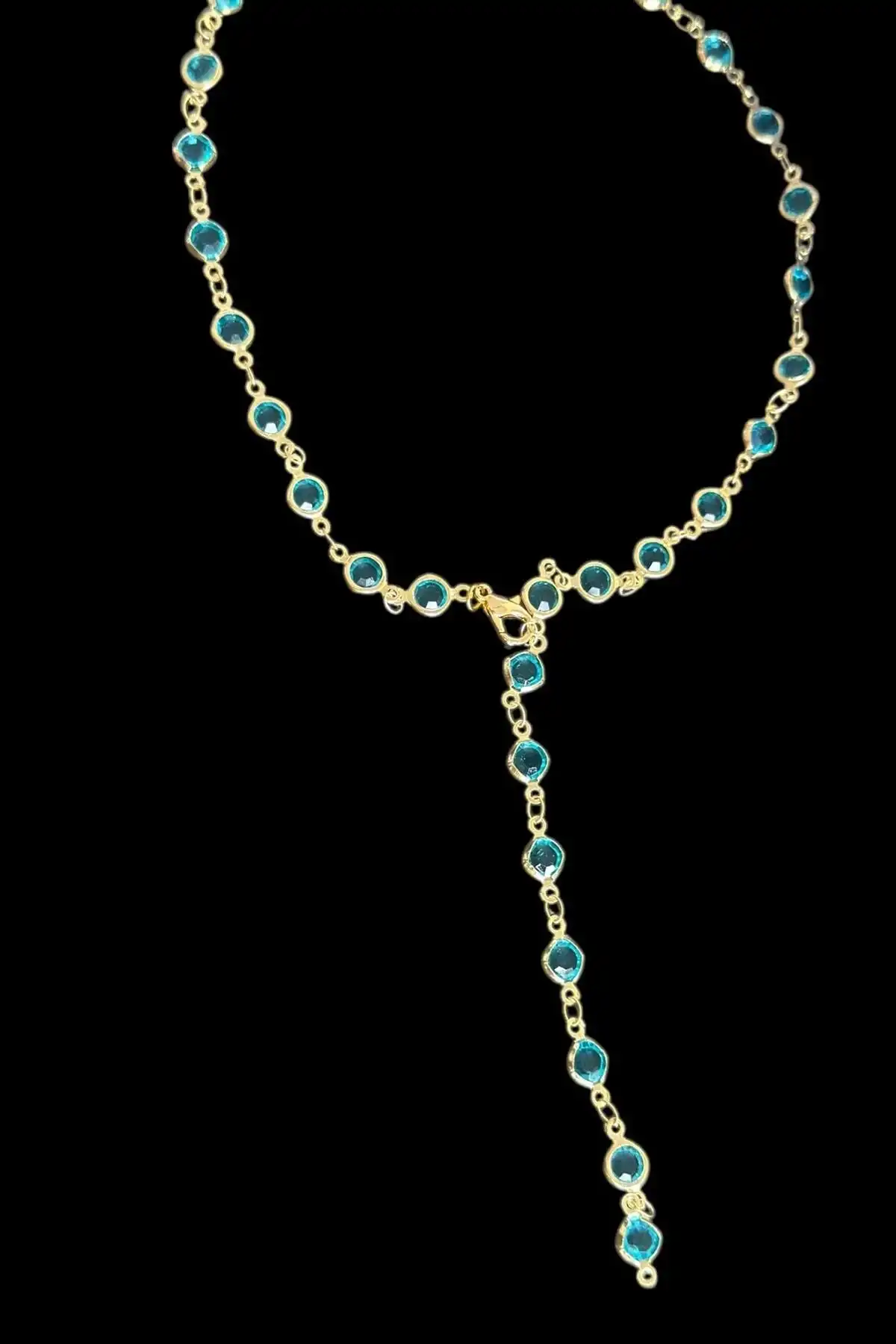 Altın Renk Mavi Taşlı Çelik Y Kolye