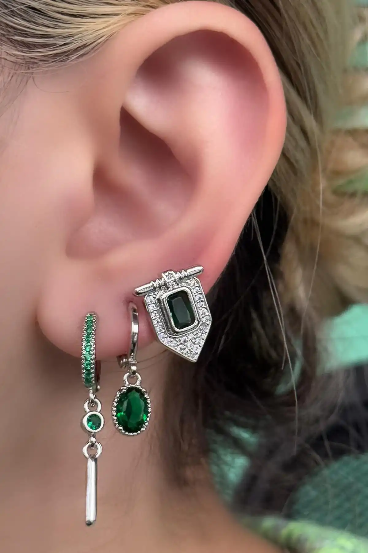 Gümüş Renk Taş Detaylı VİP 3lü YSX Küpe Set