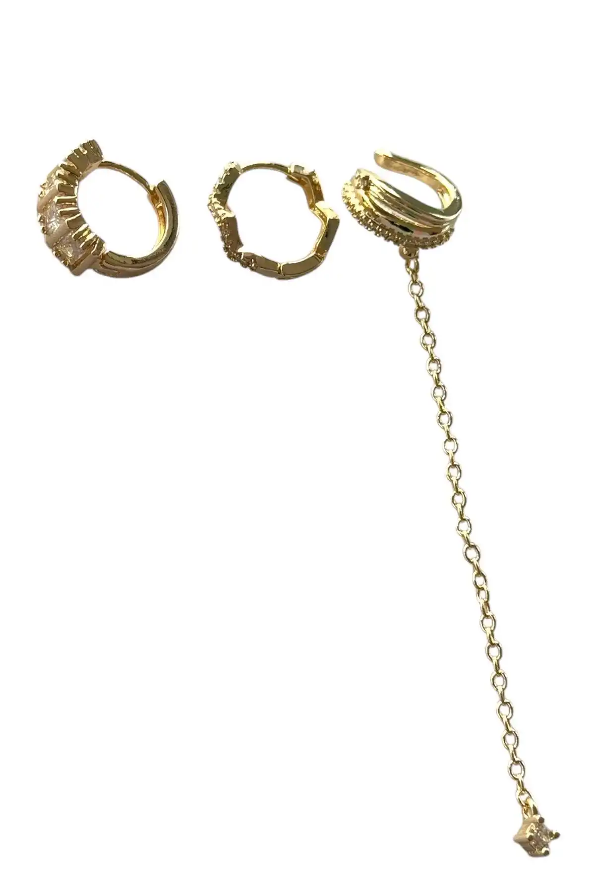 Altın Renk Taş Detaylı VİP 3lü YSX Küpe Set