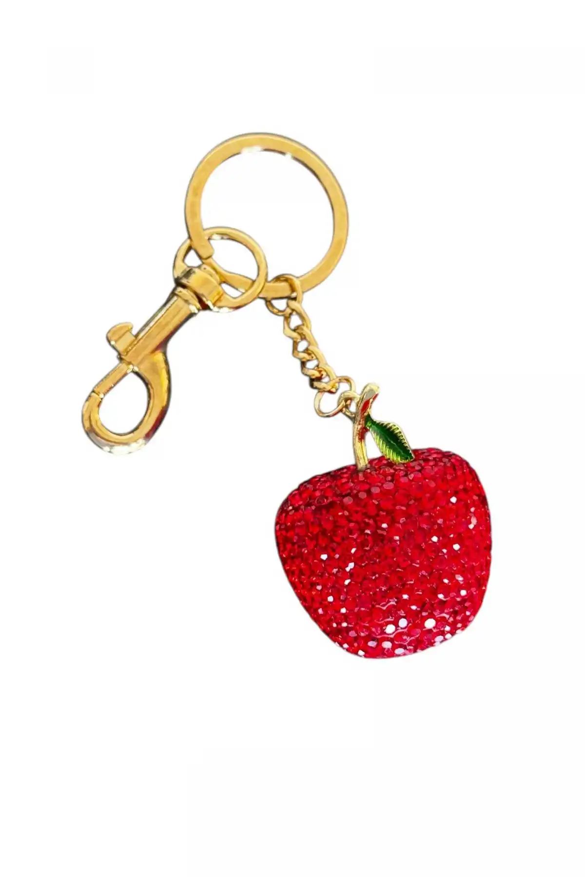 Altın Ve Kırmızı Renk Elma Figürlü Taş Detaylı Çanta Charm/ Anahtarlık