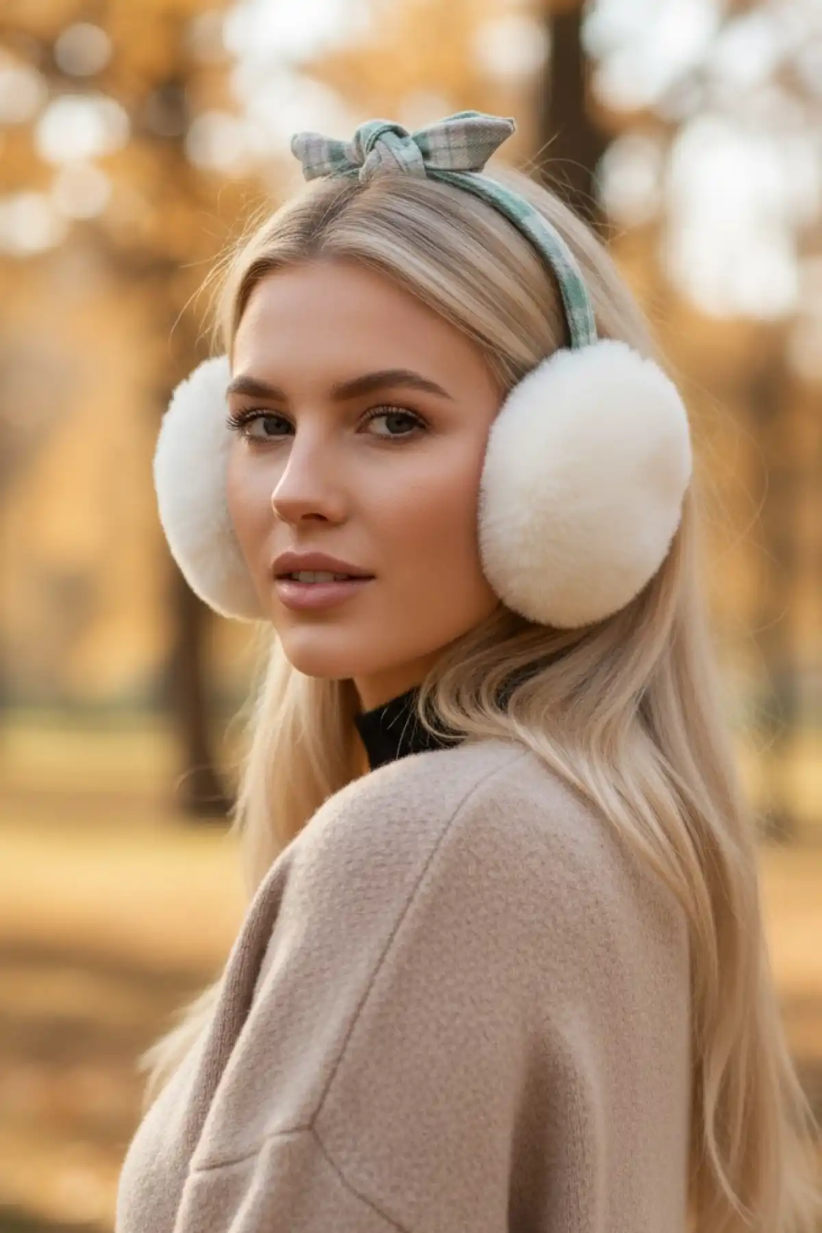 Beyaz Renk Ekose Desenli Peluş Kulaklık