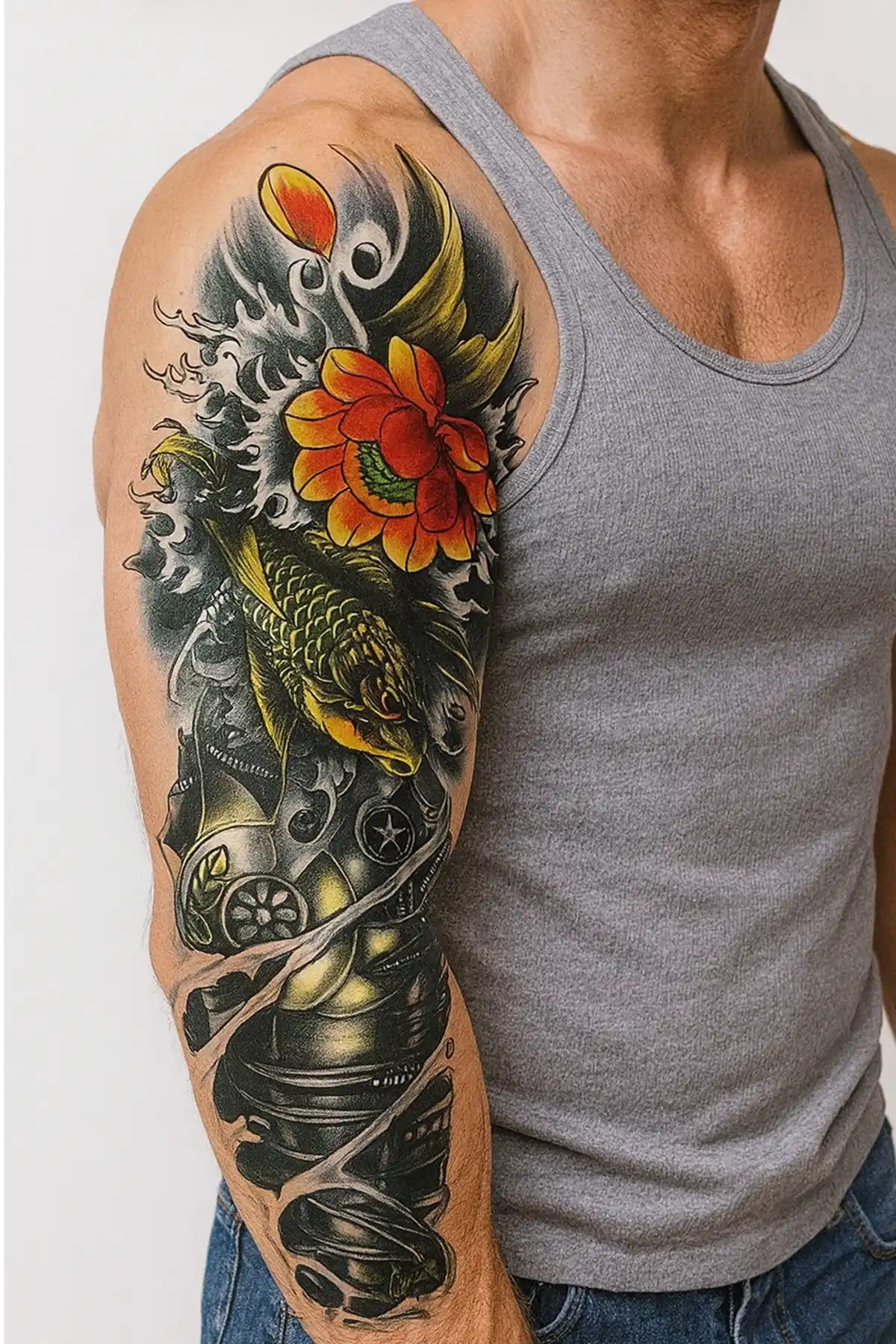 Geçici Balık ve Çiçek Kol Dövme Tattoo