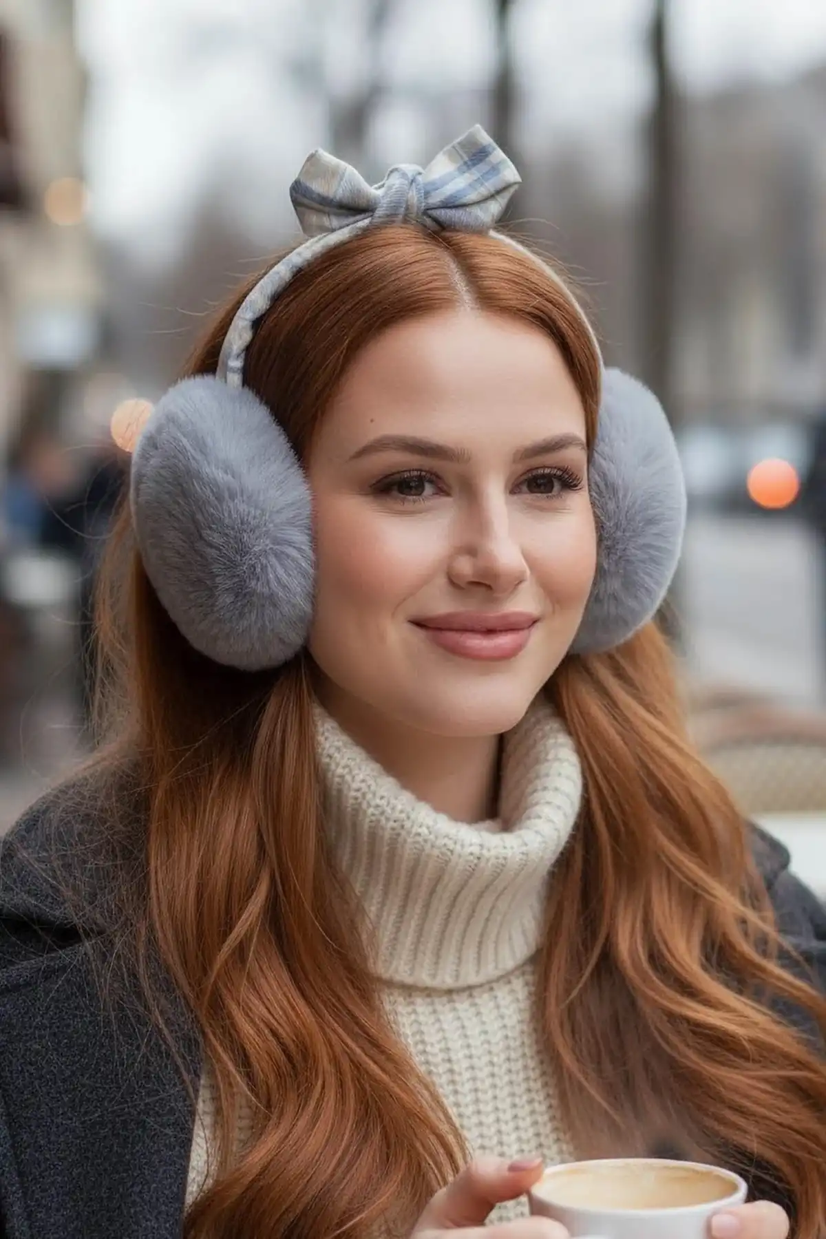 Gri Renk Ekose Desenli Peluş Kulaklık