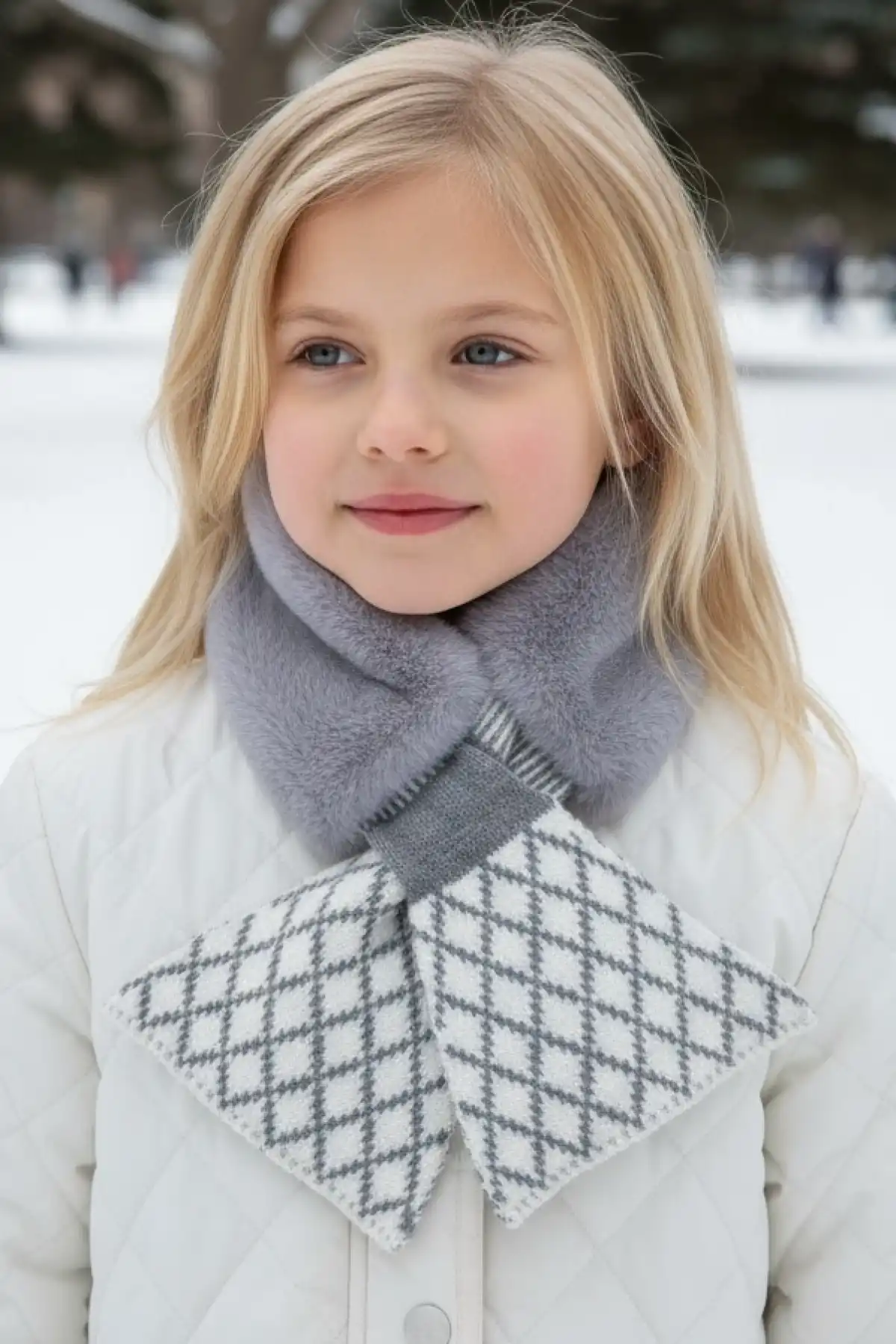 Gri Ve Beyaz Renk Çizgi Detaylı Çocuk Peluş Atkı