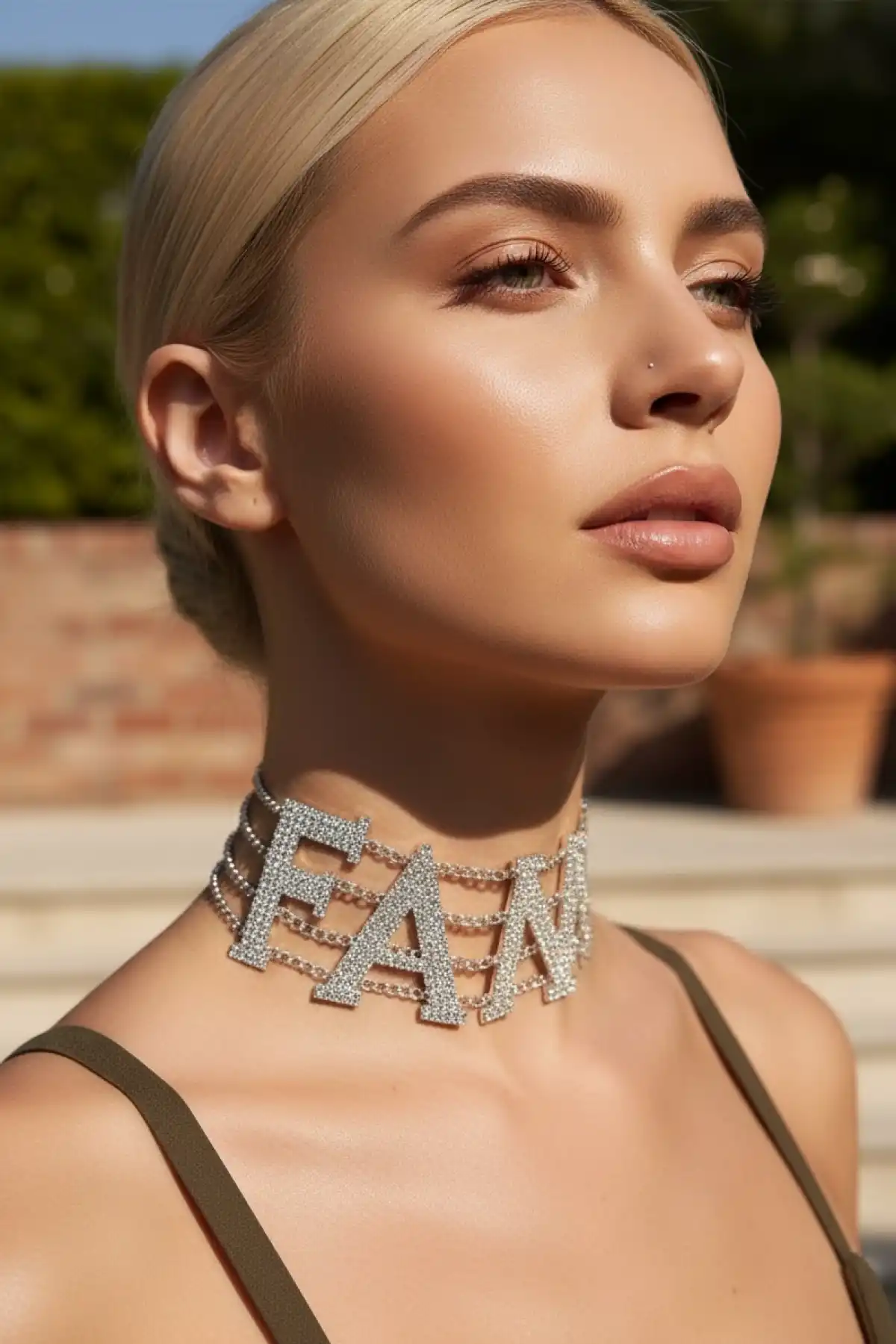 Gümüş Renk FAN Yazılı Taş Detaylı Choker Kolye