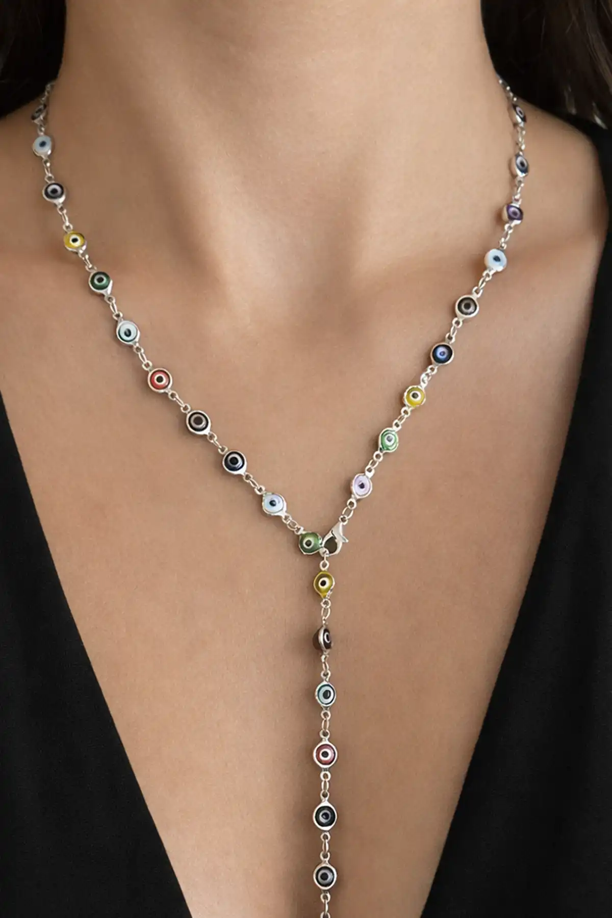 Gümüş Renk Nazar Boncuğu Detaylı Çelik Y Kolye