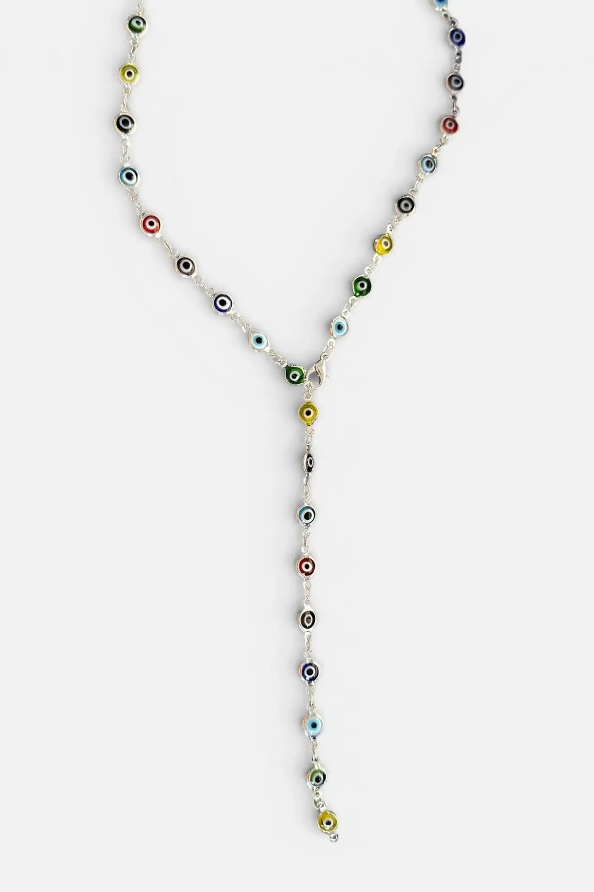 Gümüş Renk Nazar Boncuğu Detaylı Çelik Y Kolye