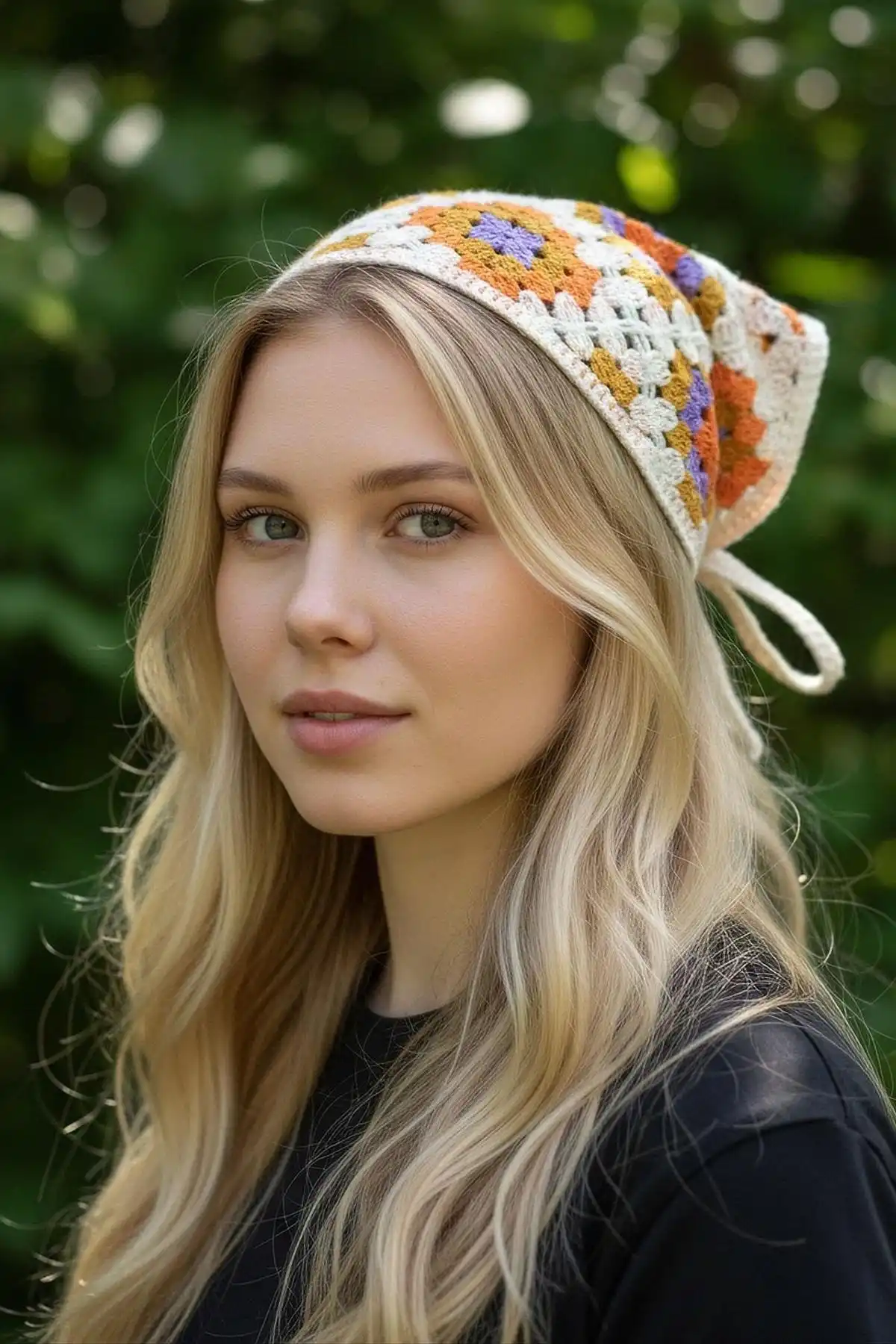 Karışık Renk Çiçek Desenli Örgü Bandana