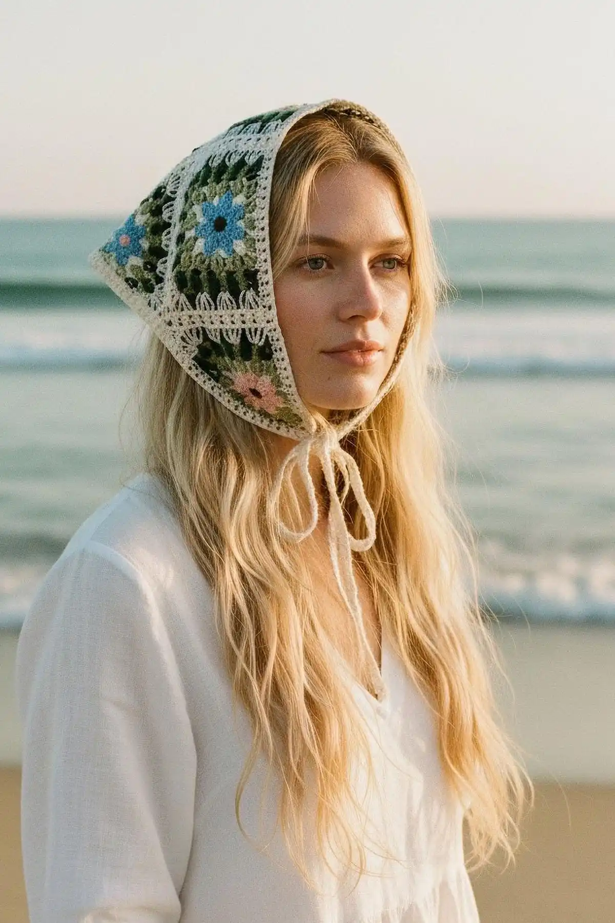 Karışık Renk Çiçek Desenli Örgü Bandana