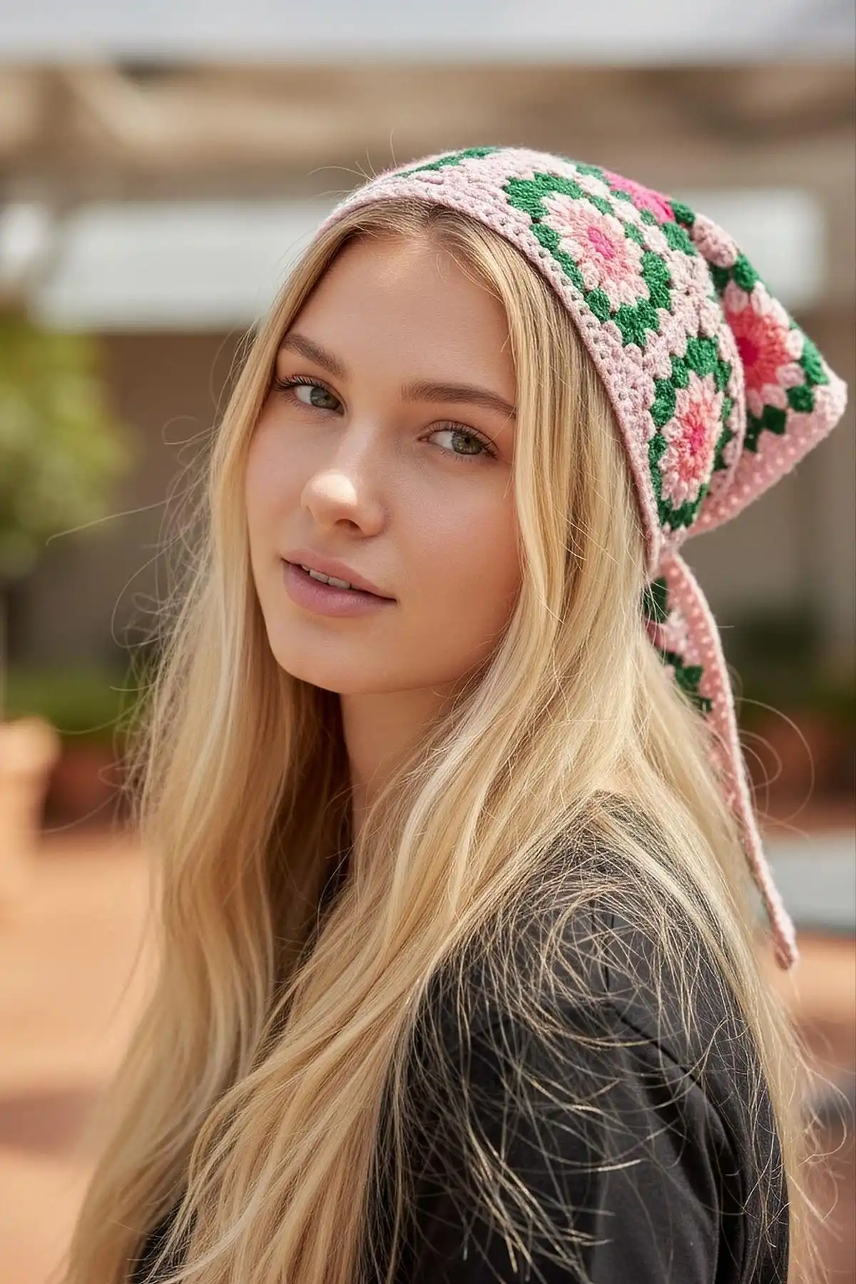 Karışık Renk Çiçek Desenli Örgü Bandana