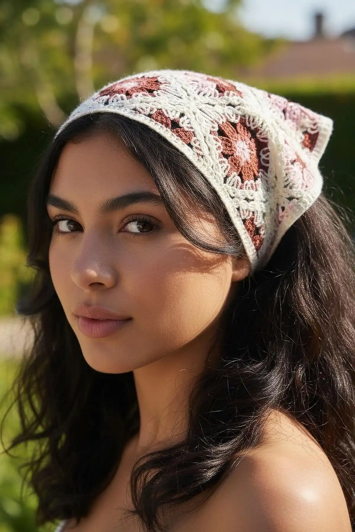 Karışık Renk Çiçek Desenli Örgü Bandana