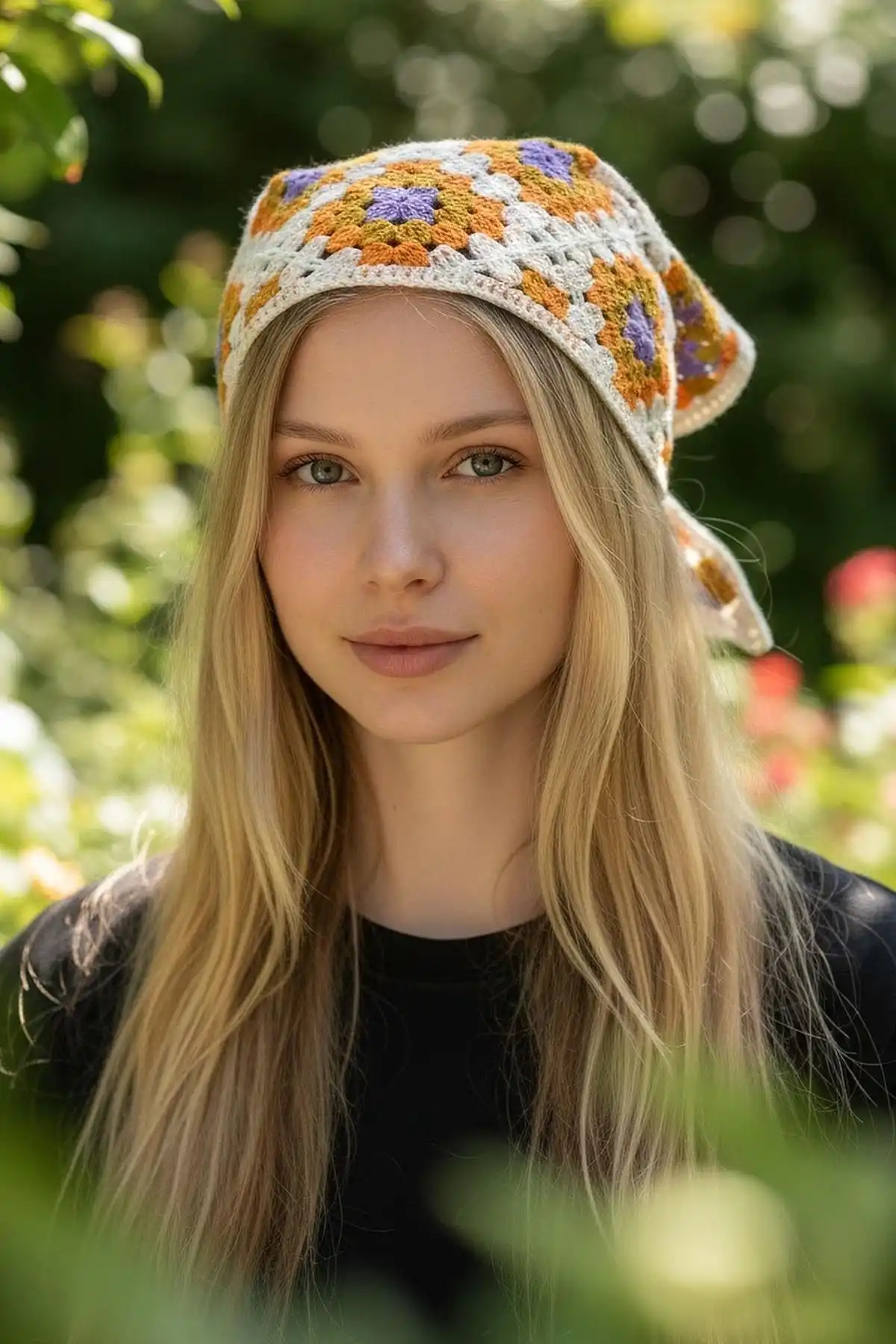 Karışık Renk Çiçek Desenli Örgü Bandana