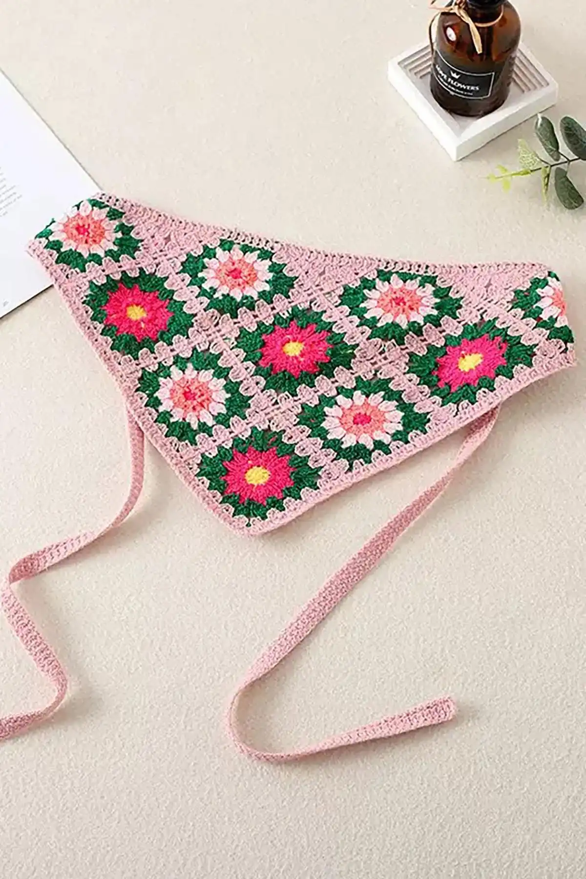 Karışık Renk Çiçek Desenli Örgü Bandana
