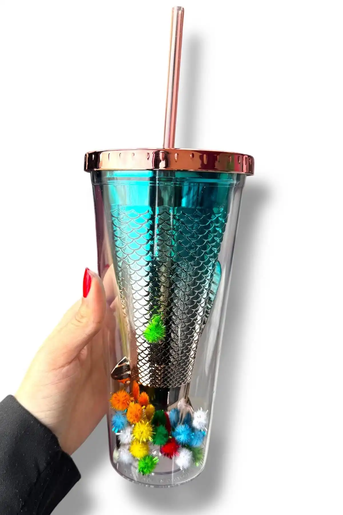 Karışık Renk Kuyruk Figürlü Ponpon Detaylı Pipetli Suluk